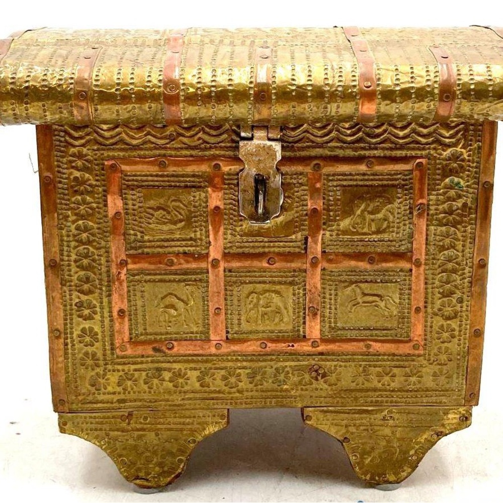 Vintage Teak Wood Indian‎ Brass Wooden Gold felt lined Jewelry Box